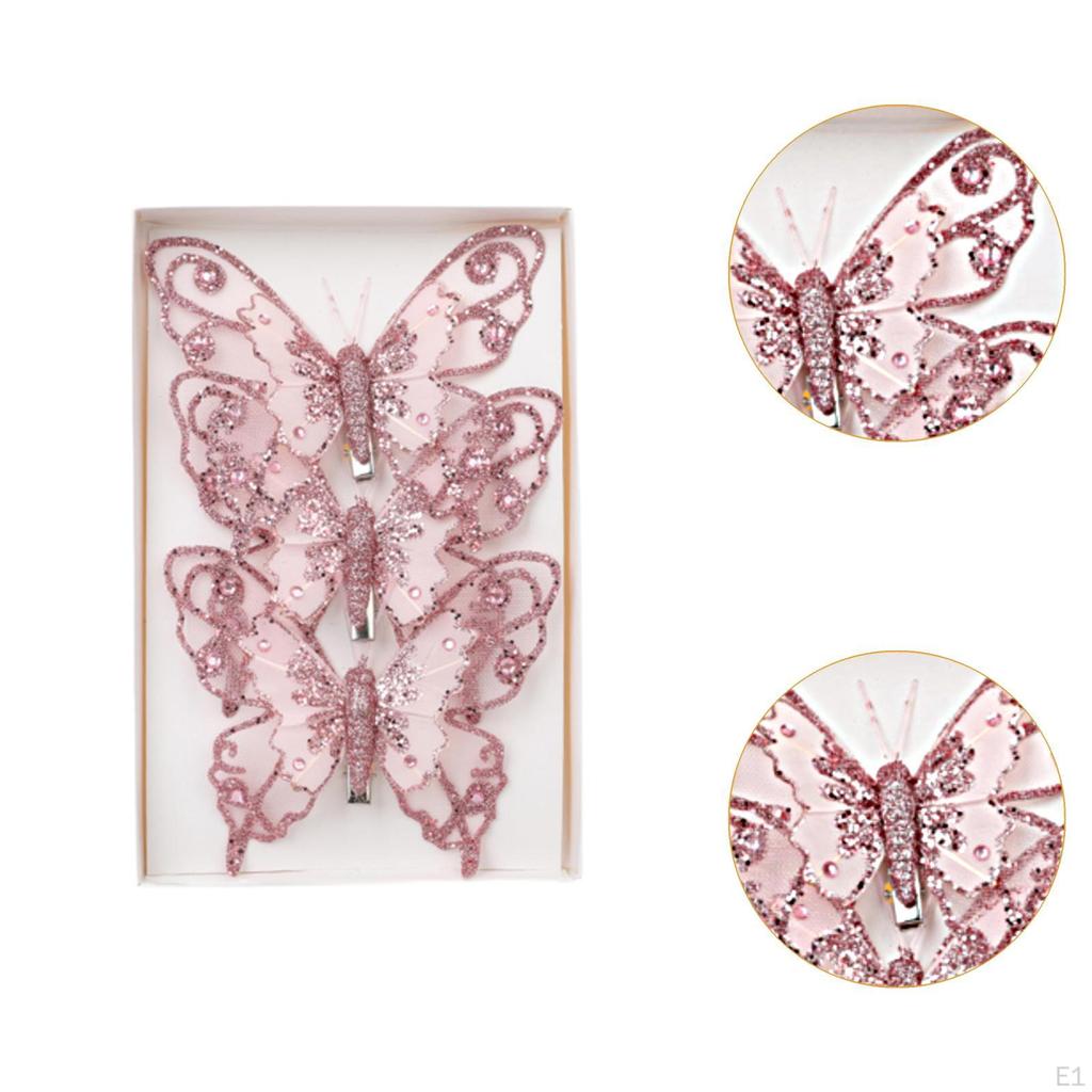 3Pcs Christmas Butterfly Decorations Ornament Decorative Centerpiece with Clip Glitter