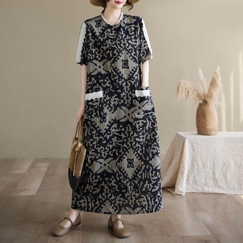 Short sleeve Plus size Cotton linen vintage floral new in dresses for women casual loose long summer dress