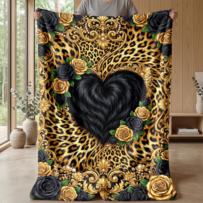 Leopard Heart Roses Art 1 Theme blanket Lightweight Warm Flannel Blanket Decorative Throw Blanket for Home Decoration