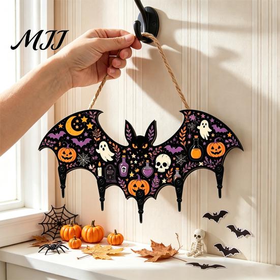 Decorative Entryway Key Hanger Halloween Bat Shaped Wooden Hook, 2D Wall Mounted Hanging Decor with Spooky Ornament Pumpkin Ghost Witch Pattern,