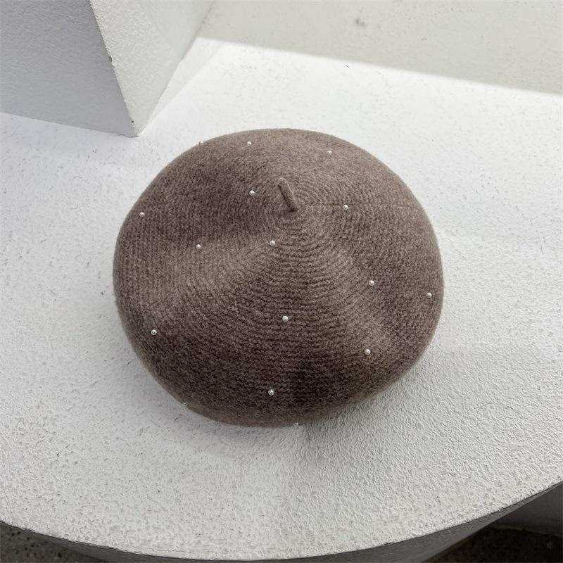 

Полный жемчуга декорированный шерстяной вязаный берет женский осенне-зимний литературный ретро теплый шляпа художника шляпа-бутон M（56-58cm）