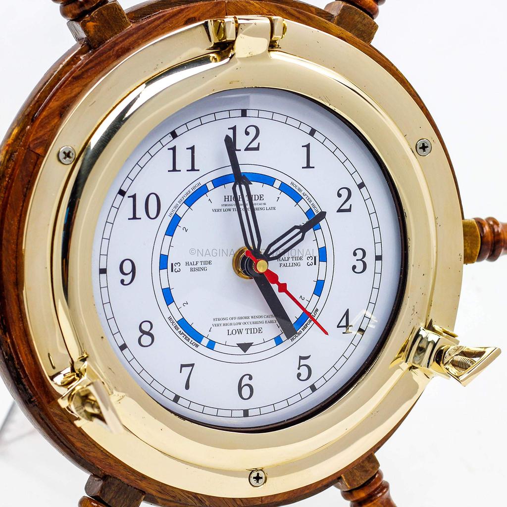 14" Authentic Nautical Time Tide Clock Porthole Ship Wheel | Navy Pirate's Gift & Decor | Nagina D6-2UX1-VEAG