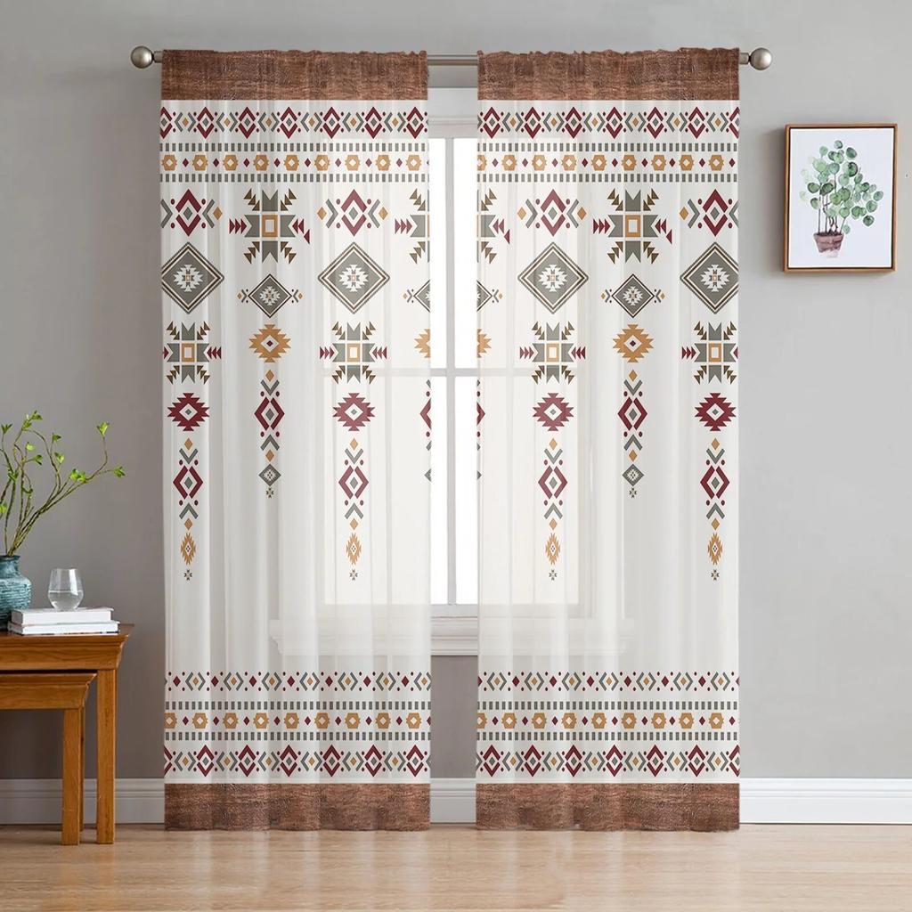 Southwest American Tribal Totem Boho Sheer Curtains Transparent Window Voile Tulle for Bedroom Holiday Decoration