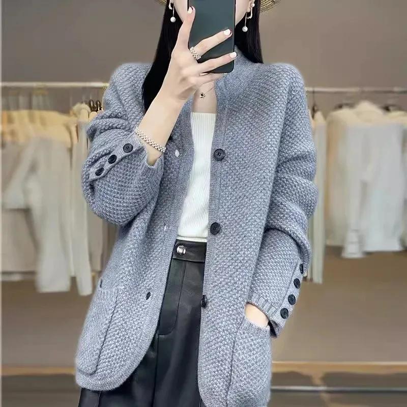 Cardigan Women Stand Neck Sweater Thick Wamth Loose Commuting Top Autumn Winter Trendy Knitted Jacket Office Lady Pocket Coats