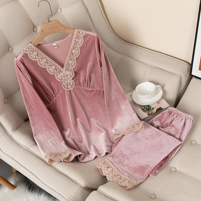 Velvet Pajamas Set Female Long Sleeve Trouser Pijamas Suit Autumn Winter Velour Sleepwear Loose Lace Trim Home Wear Loungewear