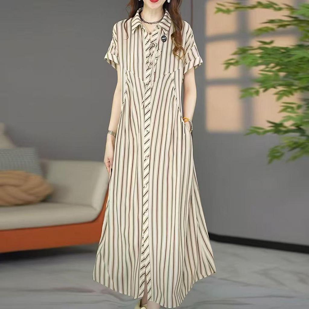 Summer Stripe Short Sleeve Dress: Stylish, Loose Fit, Slimming Long Skirt