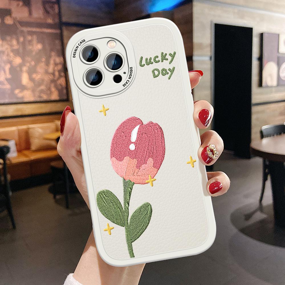 Slim Skin Feeling Cartoon Pink Flower Soft Silicone PU Leather Cover Phone Case for iPhone Samsung Huawei Honor Xiaomi Redmi OPPO Realme Vivo