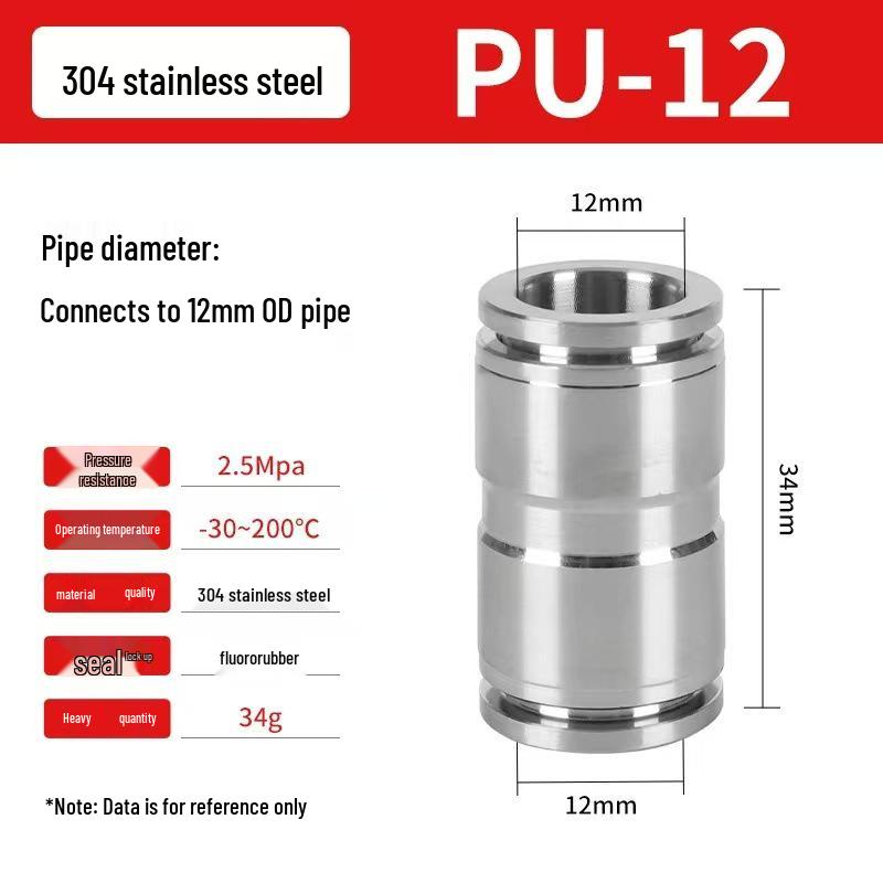 Acoplamento Pneumático de Conexão Rápida em Aço Inoxidável 304 para Cilindro de Ar - Resistente à Pressão PU8