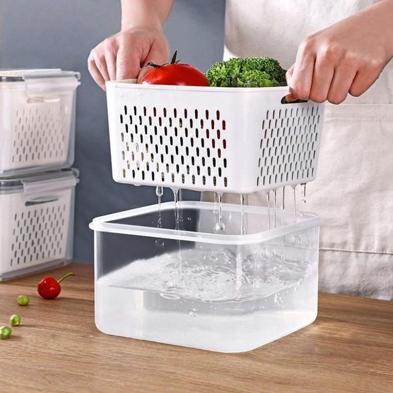 3pcs Double-Layer Drain Basket with Cover Refrigerator Fruits Vegetables Large Washing Basket Kitchen Storage Containers
