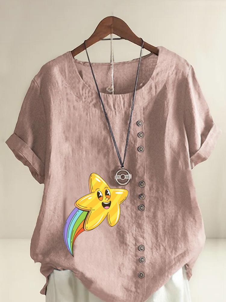 Women s Fashion Star Rainbow Print Casual Cotton Linen Short Sleeve Round Neck T-shirt Shirt Leisure Loose Summer Blouse Tops S