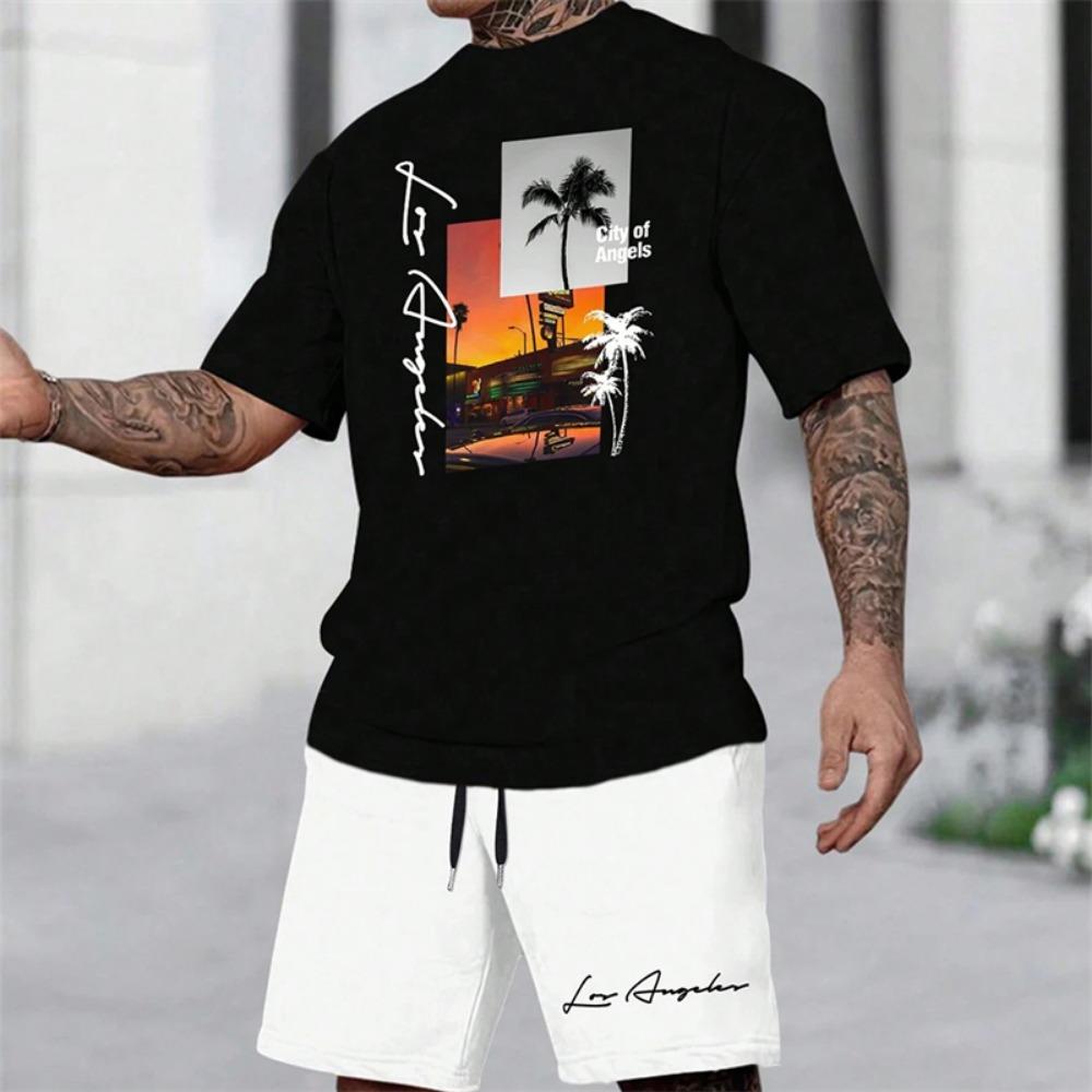 Summer Men's Short Sleeve Palm Tree Print Two Piece Drawstring Shorts Set Fashion Men's Vacation Beach Casual Suit