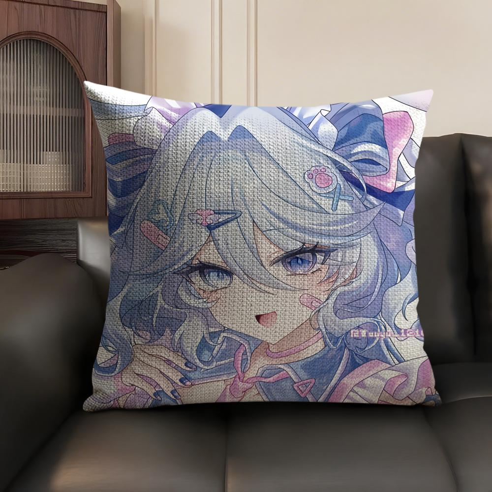 Cute Furina Genshin Impact Cushion Cover Natural Linen Organic Fabric Double-Sided Printing Sofa Home Decor Gift Pillow Case