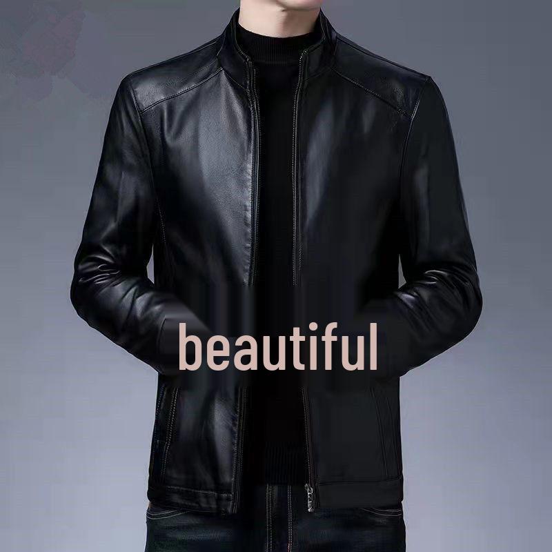 

Men s Winter Leather Jacket with Velvet Lining, Stand-Up Collar, for Middle-Aged and Young Men XL: 135-150 jin