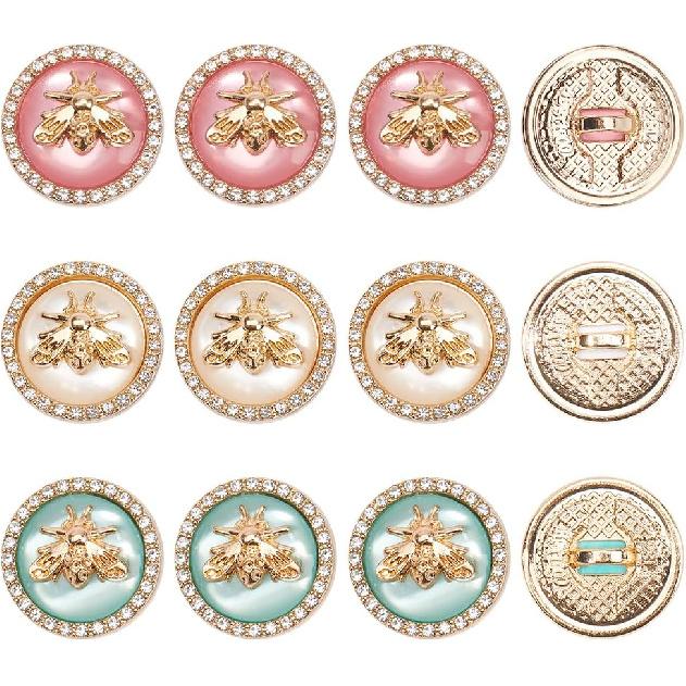 GORGECRAFT 12Pcs Metal Rhinestone Button 3 Colors 3D Bee Round Button 18mm Gold Buttons with Bees & Rhinestone & Resin for Blazer Suits Sport Coat