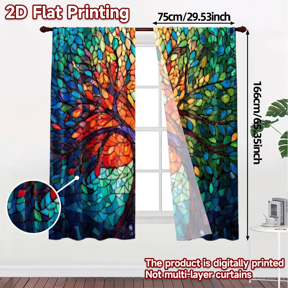 2pcs, 2D FLAT PRINTING Curtains (Without Rod) Colorful Tree Mosaics Popular Curtain Cloth Machine Washable Fabric Curtains
