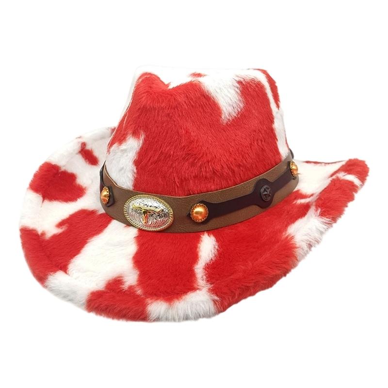 Winter Plush Cowboy Hats with Cow Pattern Design for Women Men Unisex Cold Weather Wide Brims Western Cap Party Props