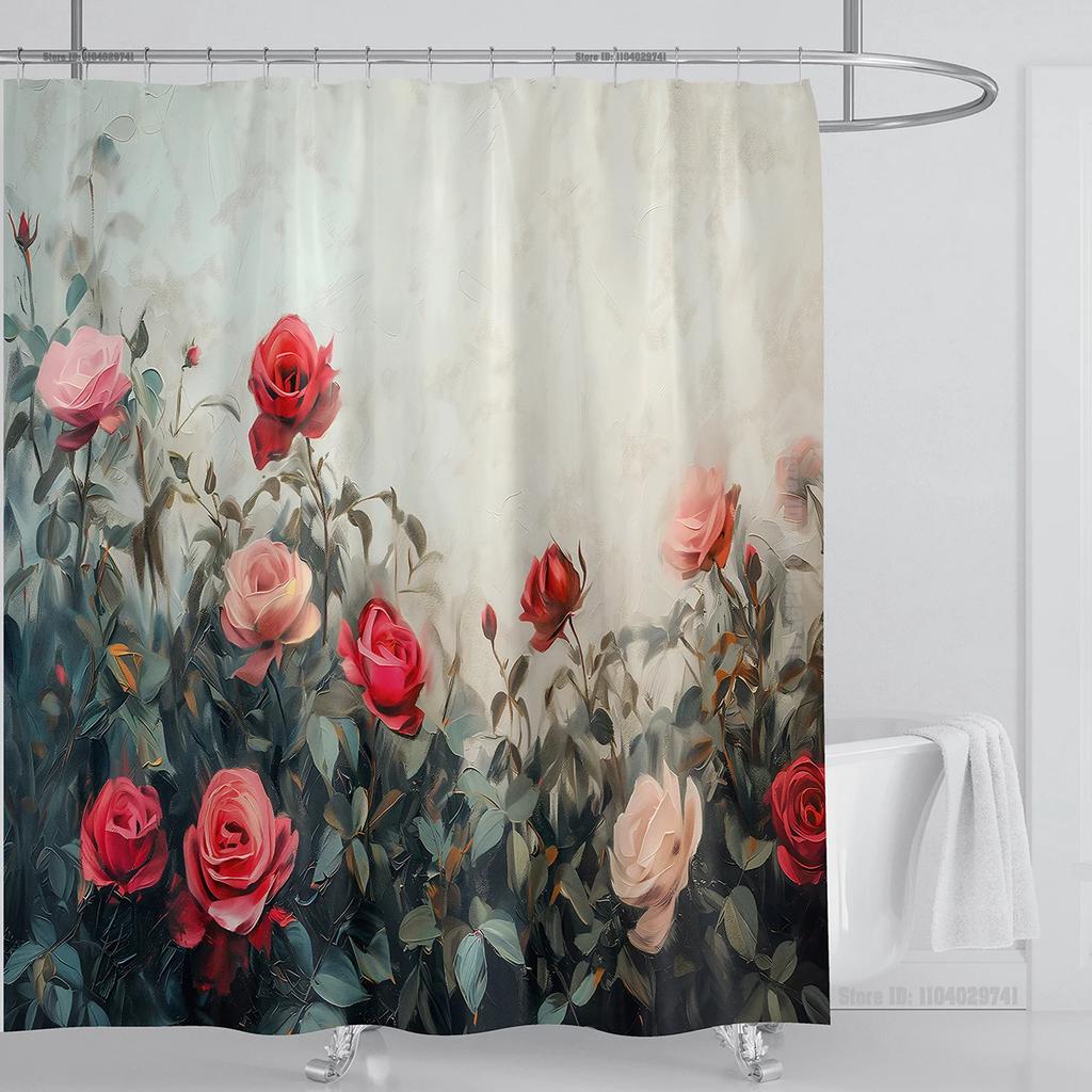 Rose Flower Shower Curtain Waterproof Shower Curtain Polyester Fabric 3D Printed Curtain Bathroom Decoration With Hook