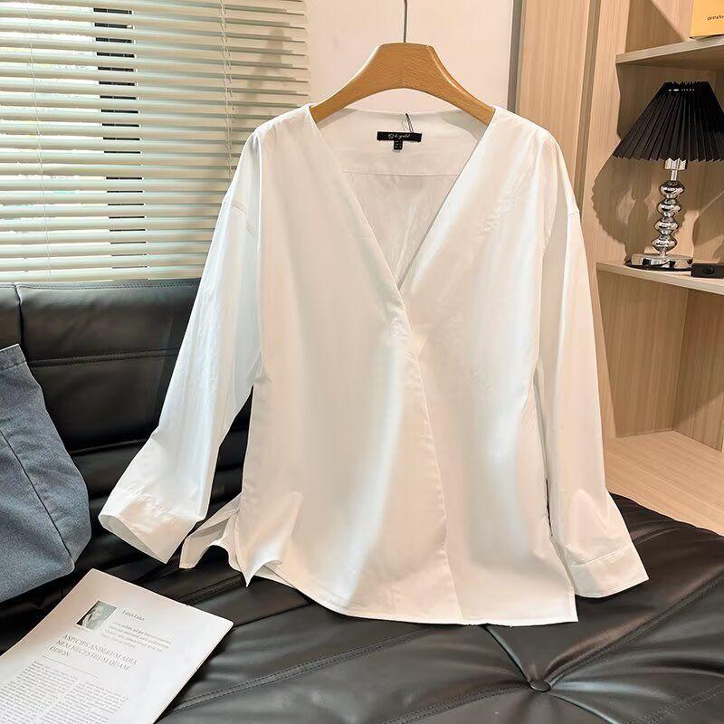 

MD Women s Clothing French Normcore Commute Style White Crisp Sense V Neck Long Sleeve Shirt Top 05161761250 White L