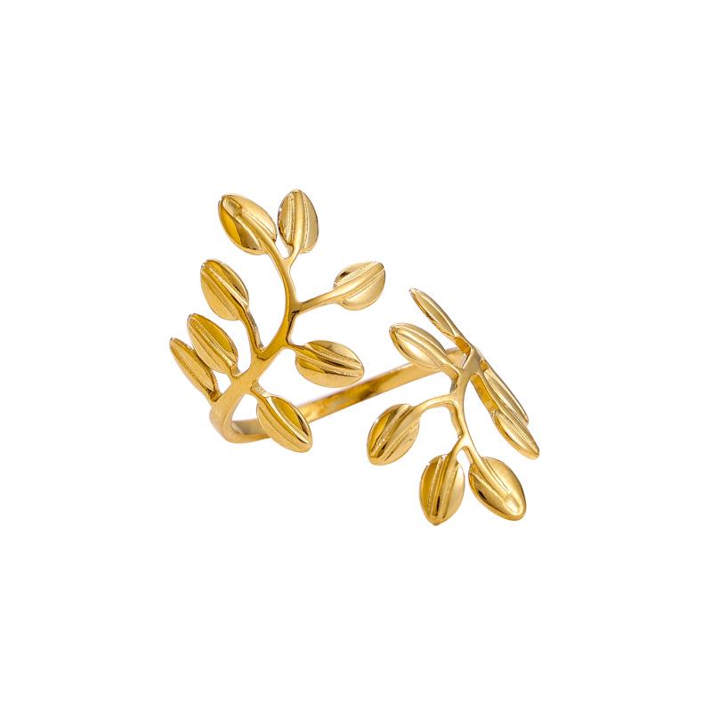 INSSGG Luxury European & American Two-Leaf Open Ring – Titanium Steel Plant Leaf Design