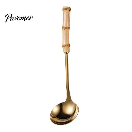 Heat Resistant Bamboo Handle Spoons Stainless Steel Hot Pot Spoon/Colander, Handles Comfortable Grip Soup Spoon, Easy Cleaning Mirror Polished Serving