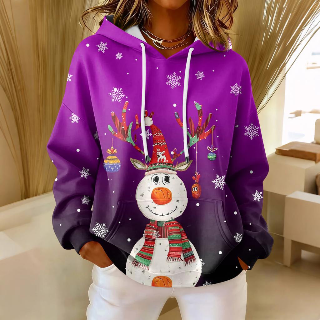 Women's Loose Comfortable Casual Fashion V-Neck Christmas Print Long Sleeve Hoodie