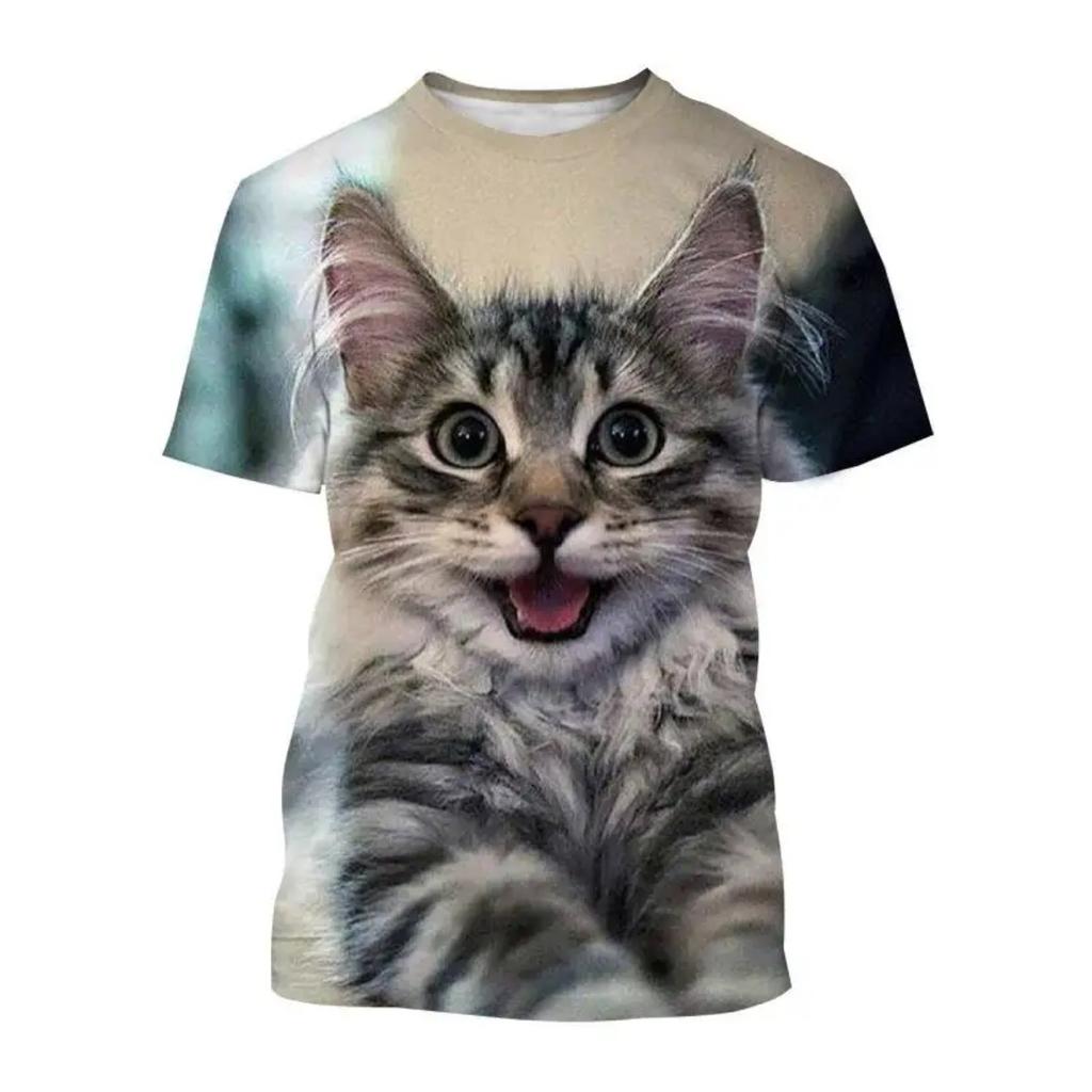 New 3D Animal Cat Pattern Printed Boys' Casual Crew Neck Harajuku Style T-Shirt Summer Street Style Lightweight Top