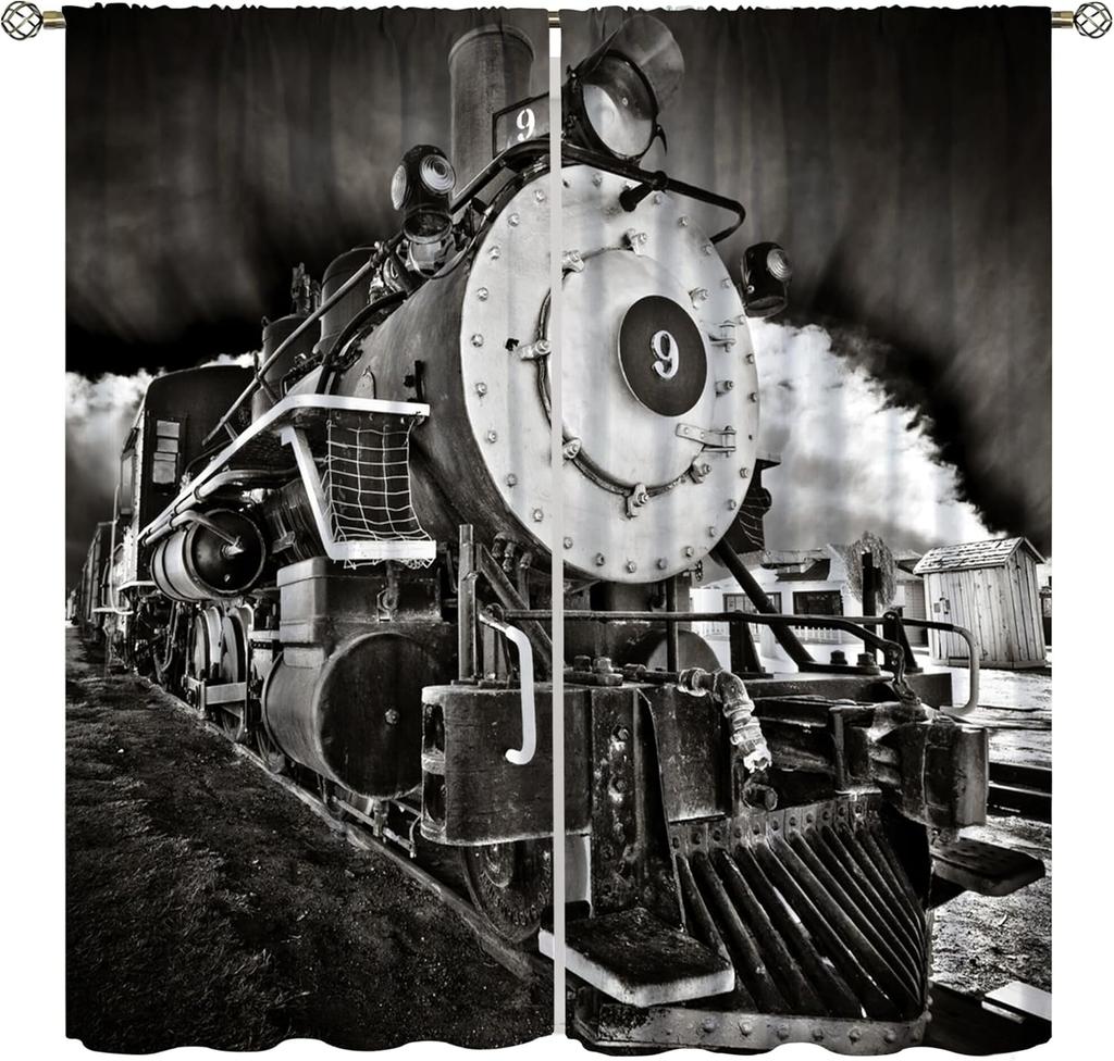 Light Blocking Steam Engine Curtains Old Train Through Country Field Scenery Print Window Treatments Curtain Vintage Polyester With Rod Pocket