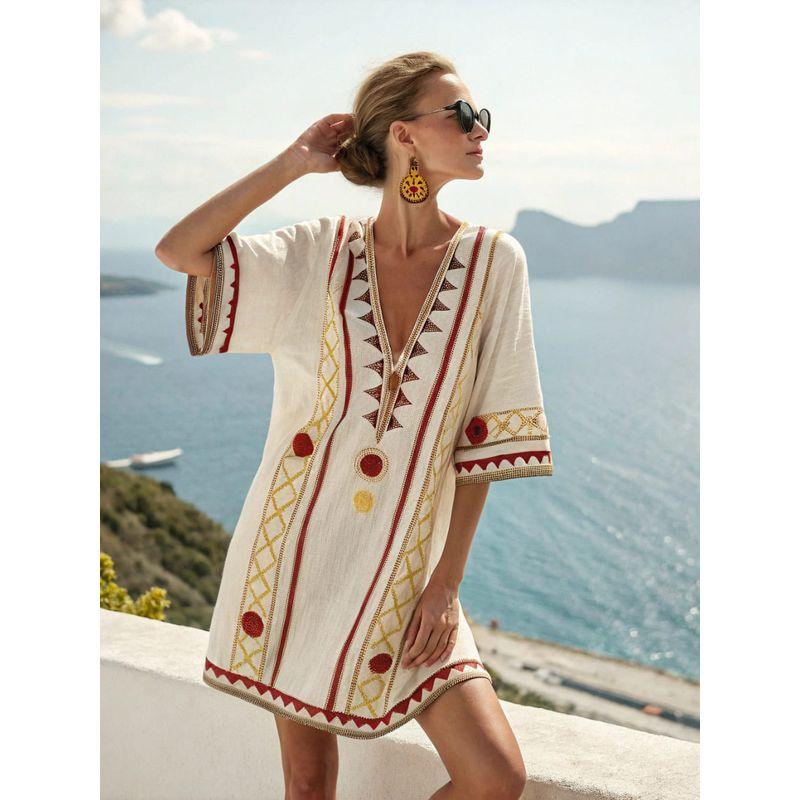New Amazon Women's Clothing Super Fairy V-Neck Dress Seaside Vacation Beach Dress Printed Loose Mid-Length Dress