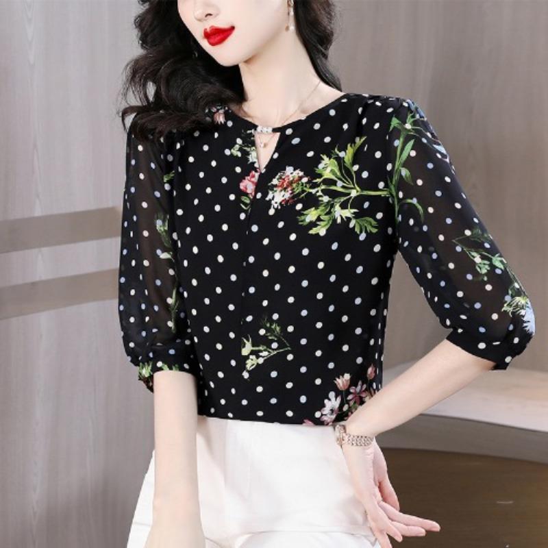 

Летняя рубашка со средними рукавами, красивая, цветочная, свободная, прикрывающая живот, из шифона Ice Silk, модная женская рубашка 3XL чёрный