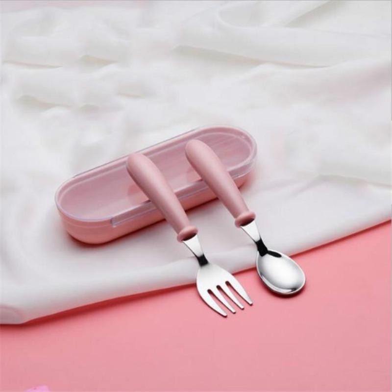 Stainless Steel Children's Spoon and Fork Set, Three-Piece Set Baby Tableware Maternity Gift Round Handle Spoon and Fork