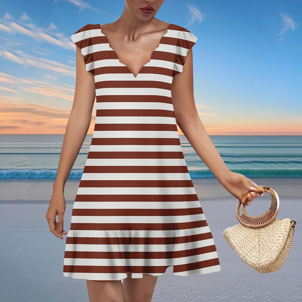 Women's Fashion Casual V Neck Wavy Edge Striped Plaid Print Short Sleeve Dress