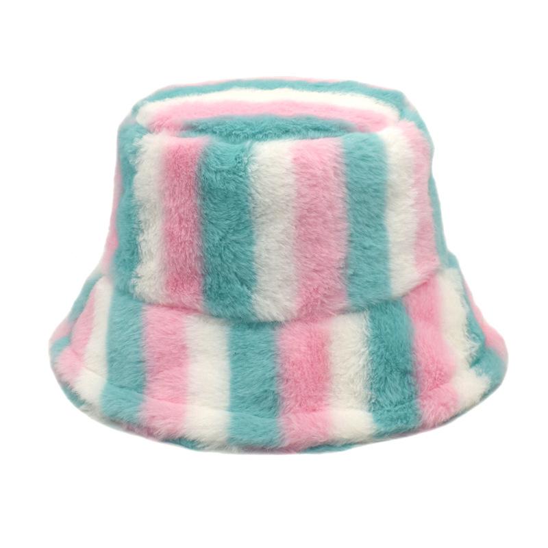 Unisex Bucket Hat Striped Women Men Fishing Fisherman Hat Autumn Winter Faux Fur Wool Outdoor Warm Panama Cap