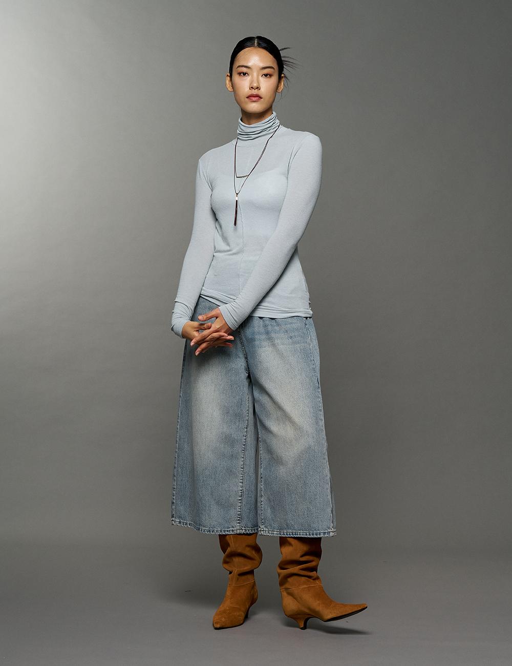 Joseon Modal Long Turtleneck Long Sleeve T-Shirt Blue/Free