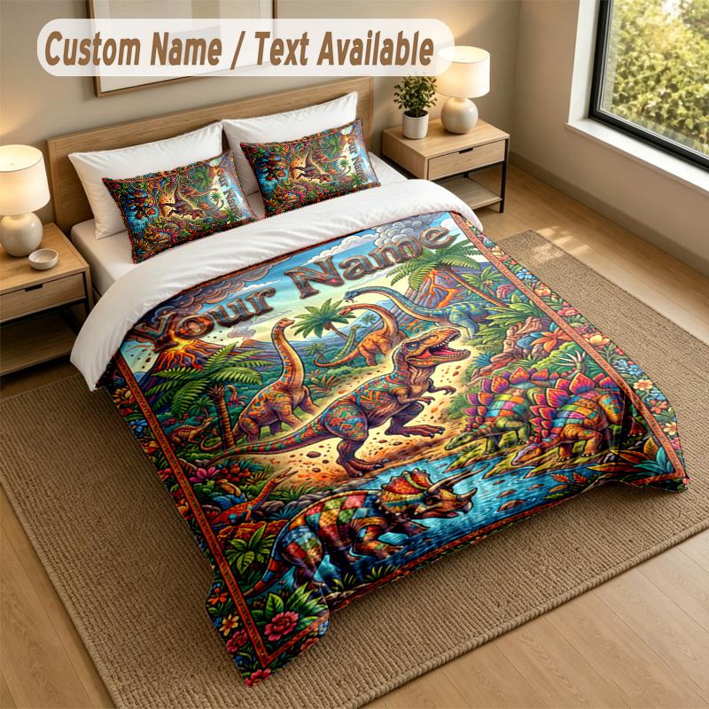 Dinosaur Theme Personalized 3Pcs Bedding Set Custom Text & Name 1 Sheet 2 Pillowcases Household Bedding 1pc