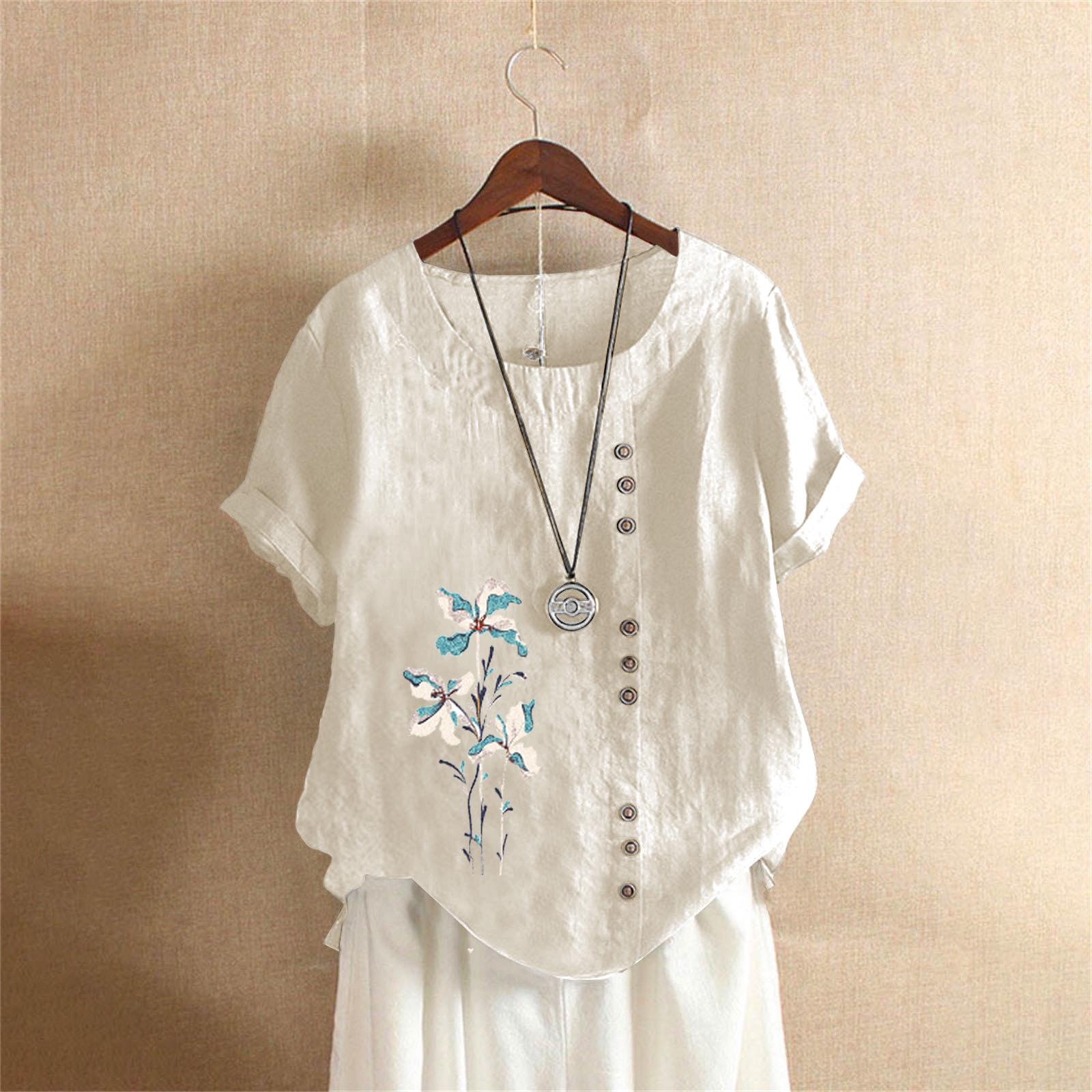 

2025 Лето Ретро Большой размер Повседневная Свободная Хлопково-льняная Футболка-пуловер с коротким рукавом для женщин 5XL