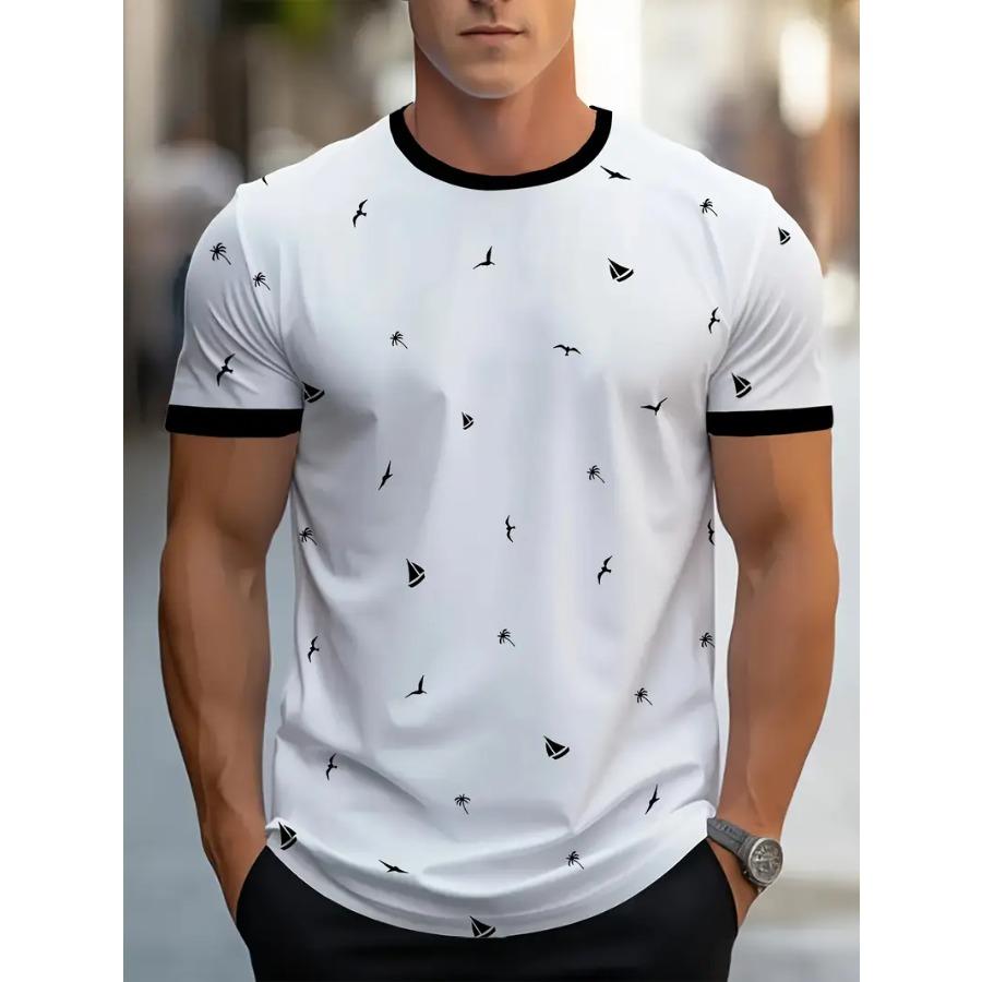 Men's 3D Digital Print Casual T-Shirt - Lightweight Breathable Round Neck Short Sleeve Tee with Black & White Abstract Design for Summer