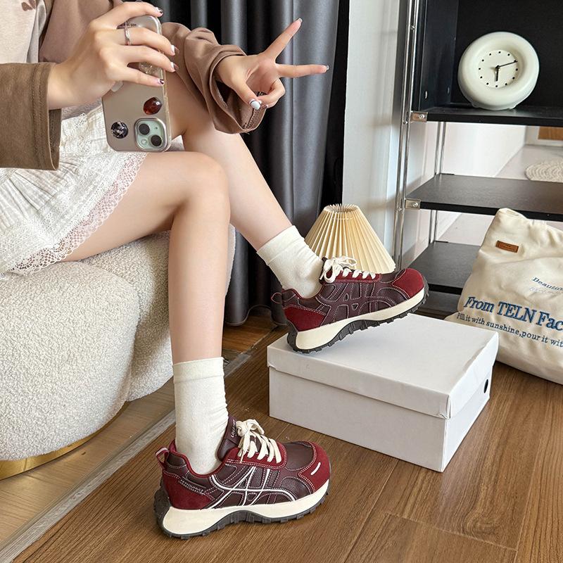 Cowhide Version Thick-soled Heightening Color Matching Shoes Women's Autumn New Sports and Leisure Shoes
