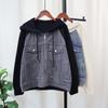 Autumn and winter new splicing denim hooded knitted double-sided woolen cardigan women's loose versatile sweater jacket