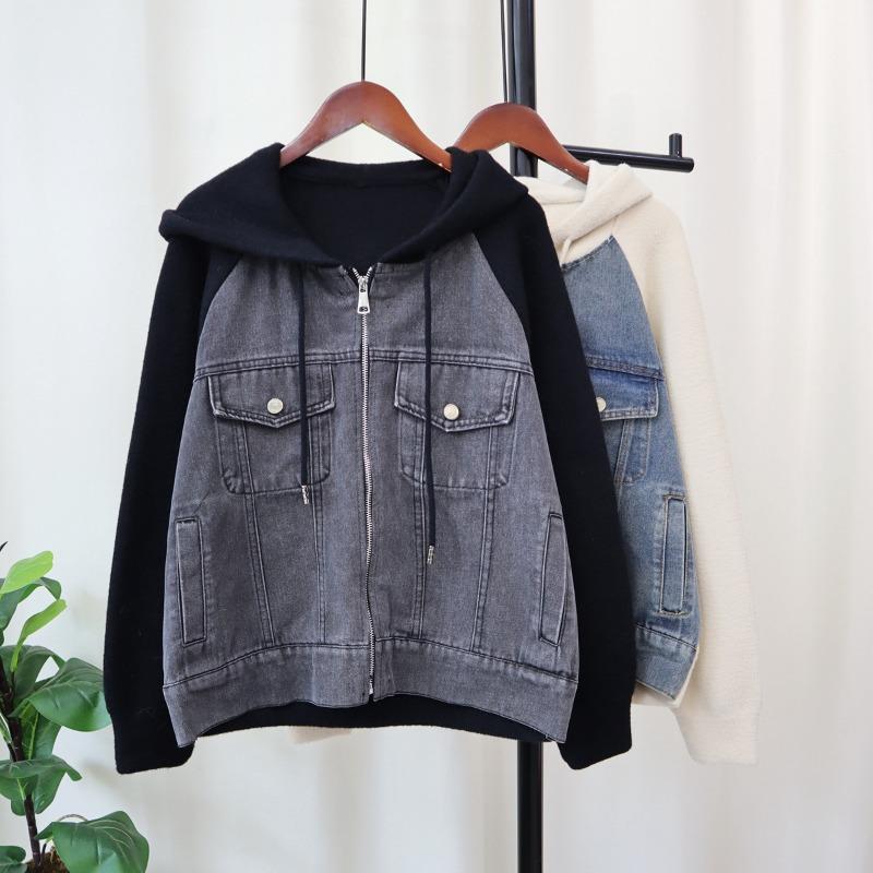 Autumn and Winter New Splicing Denim Hooded Knitted Double-sided Woolen Cardigan Women's Loose Versatile Sweater Jacket