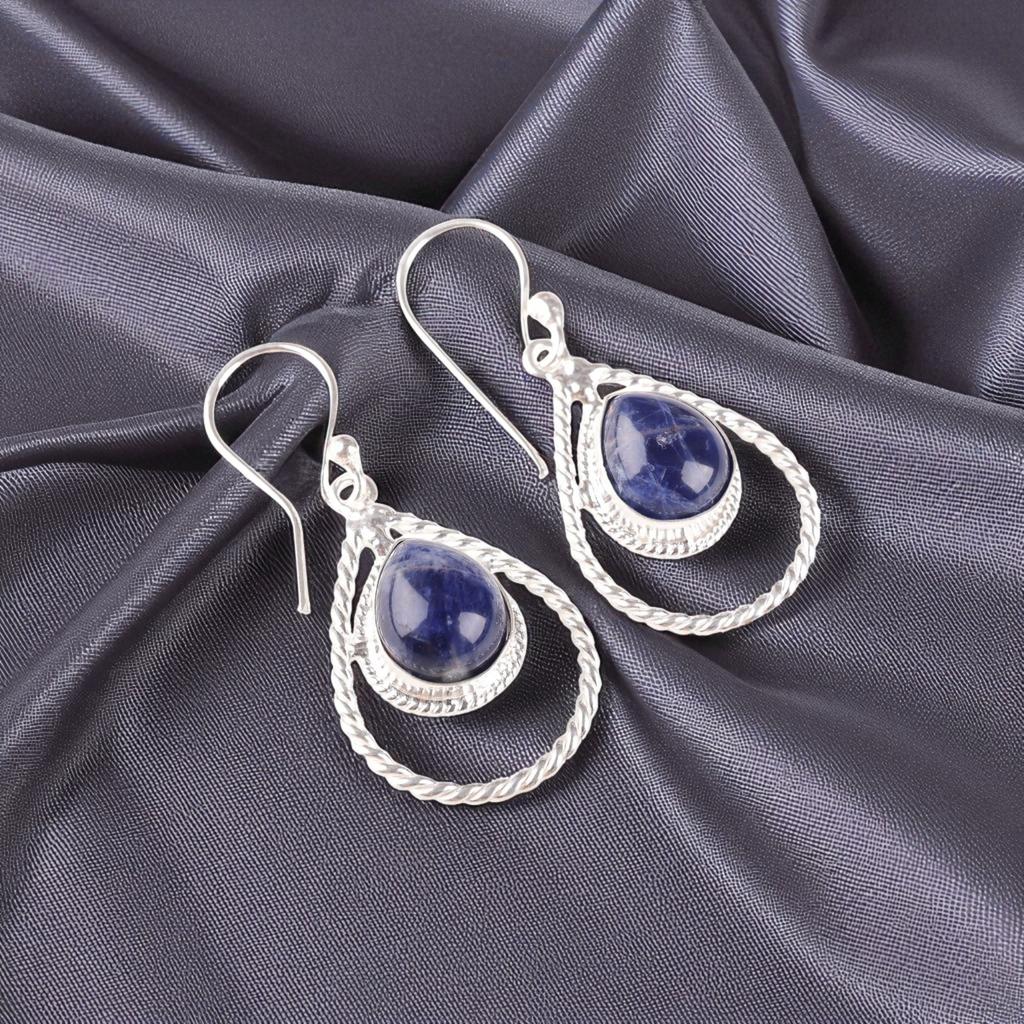 Natural Sodalite Gemstone 925 Sterling Silver Jewelry Handcrafted Earrings 1.70" EE-96-30