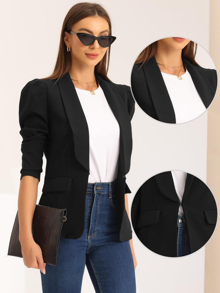 Allegra K Women's Suit Blazer Jacket, Work/Office/Casual, Open Front, Puff Sleeves, Commuter Coat, Black, Size L