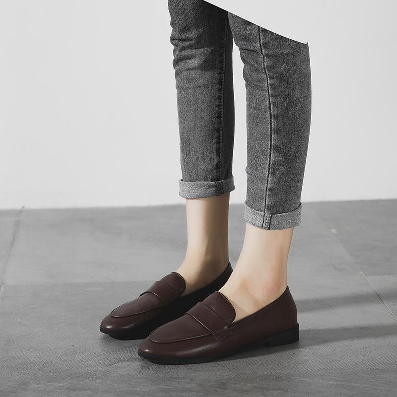 British Style Women's Black Leather Shoes All-Match Flats Size 41-43.