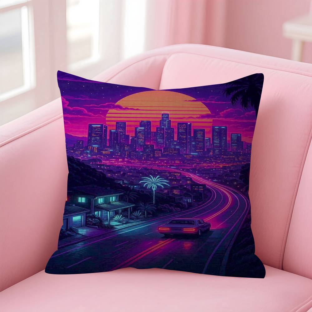Neon Night City Landscape 80S Cyberpunk Car Cushion Cover 30X50 Polyester Sofa Cushions Throw Pillow Home Decoration Pillowcover