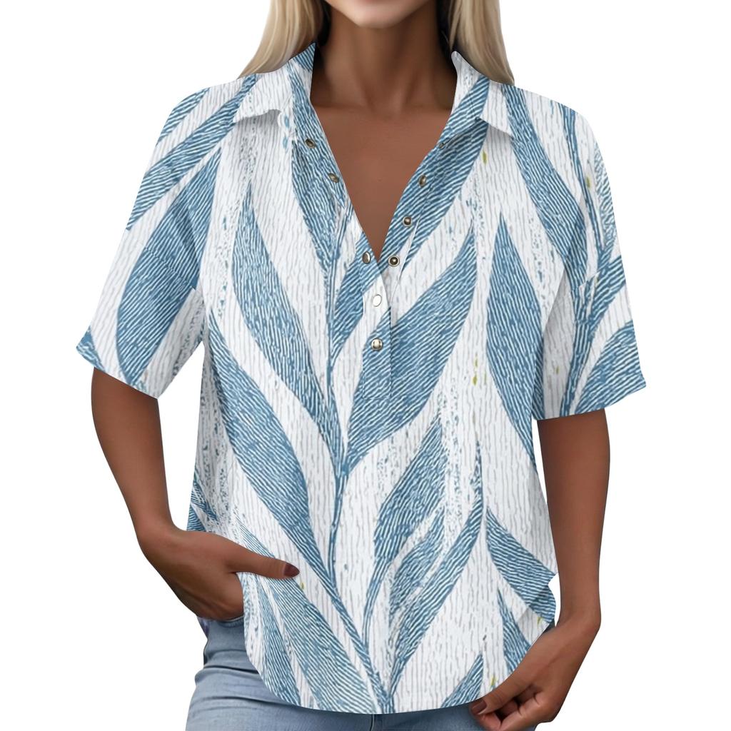 Damen Mode Polo Kragen Knopf Vintage Blumendruck Locker Geschnitten Kurzarm T-Shirt Leinenmischung Lässiges Oberteil für den Sommer