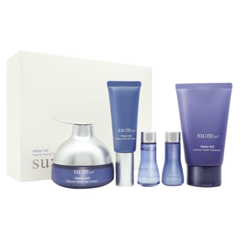 

Su:m37 Water-full Marine Relief Gel Cream Large Capacity Set – Korean Cooling Gel Moisturizer 120ml with 35ml, Toner, Emulsion & Amino Foam Cleanser Large Capacity Set