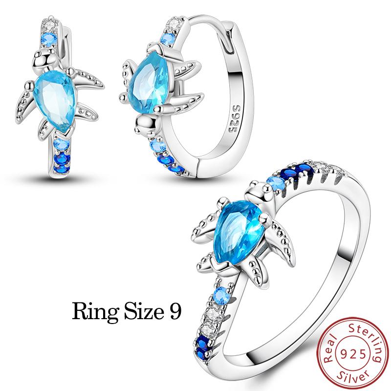 Women's 925 Silver Sparkling Blue Turtle Jewelry Set Earrings Necklace Ring Fine Birthday Gifts
