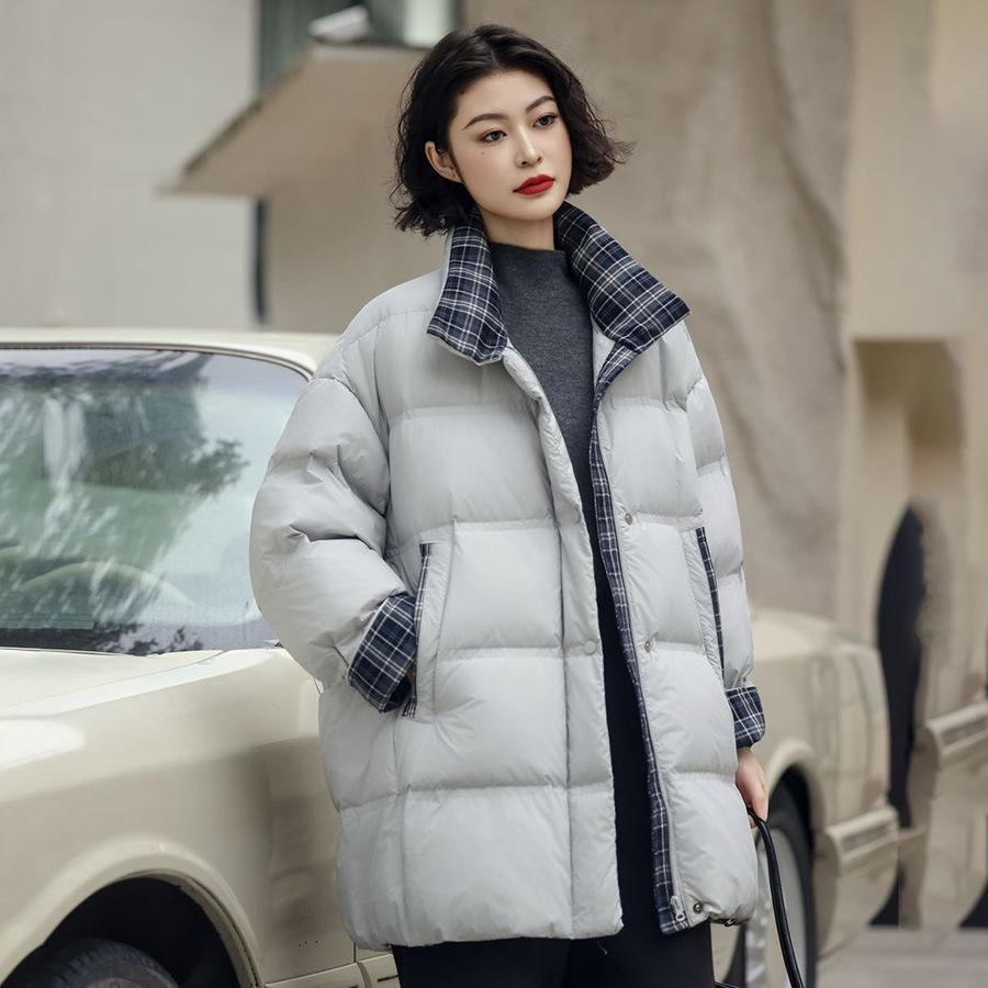 Autumn and winter new fashion stand-up collar plaid splicing medium and long down jacket women's turn-sleeved warm jacket tide