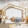 Children's Bed, Single Bed, Exquisite Wooden House Design, Stable Slatted Frames, Simple Design, Pine + Chipboard + MDF, White+Natural, 90x200cm