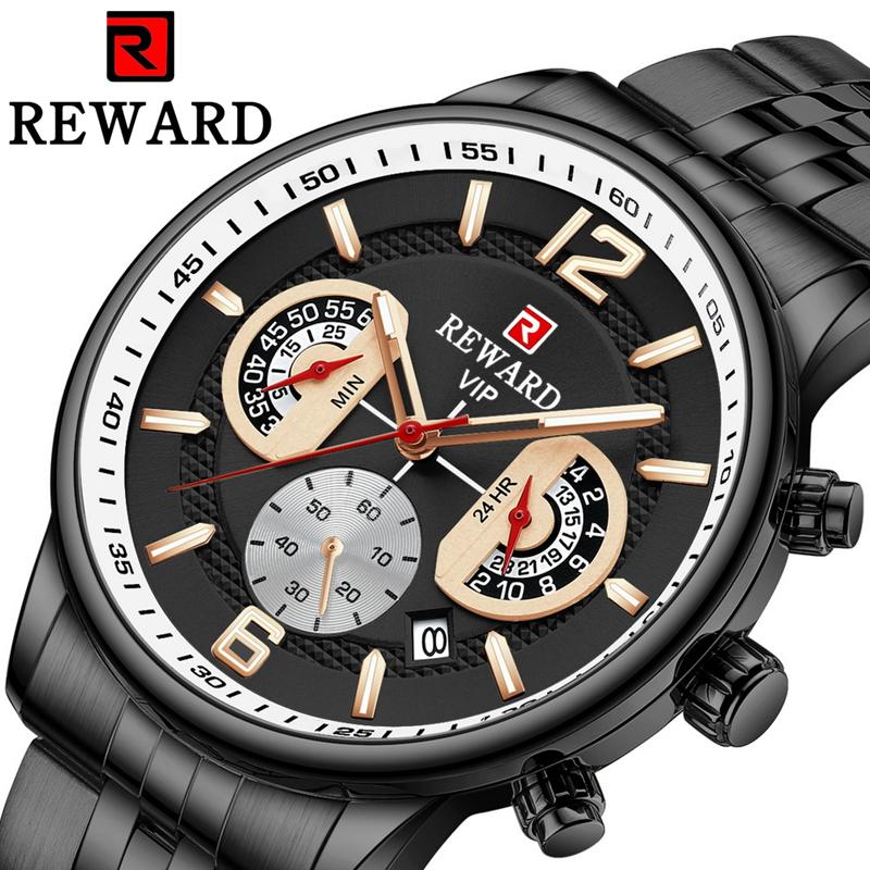 

Многофункциональные спортивные мужские часы Reward, светящиеся водонепроницаемые однотонные стальные ремешки, 24 часа календарь, хронограф, мужские часы