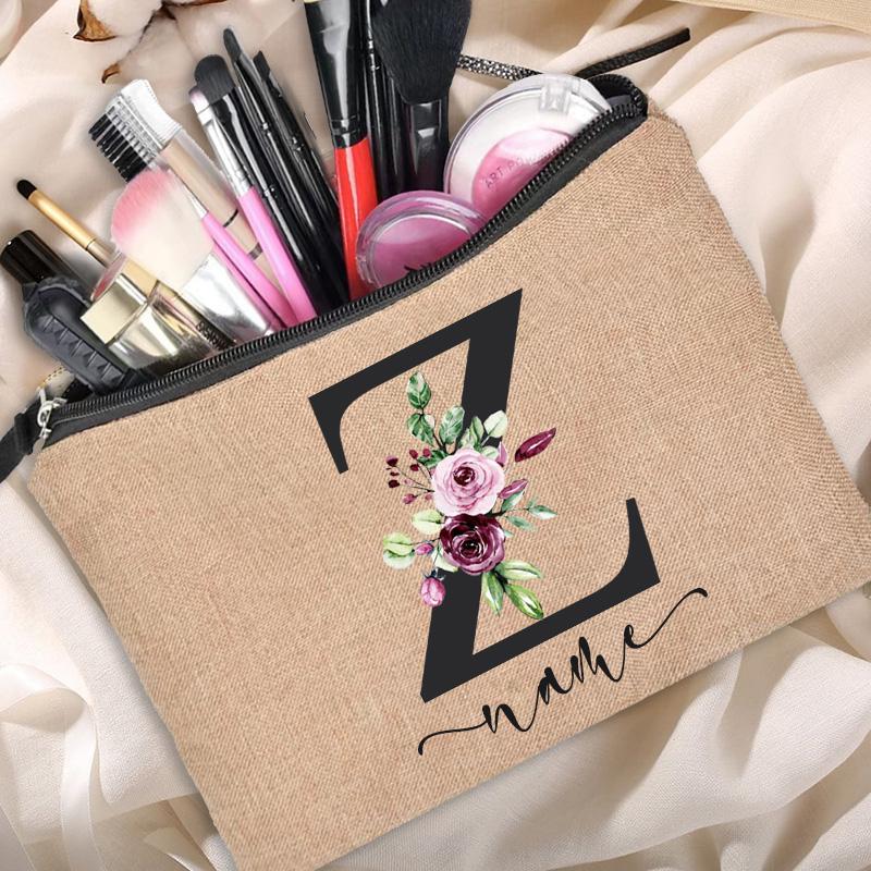 Linen Makeup Bag Customized Personalized Name Cosmetic Bag Bridesmaid Clutch Outdoor Travel Beauty  Bachelor Party Lipstick Bag